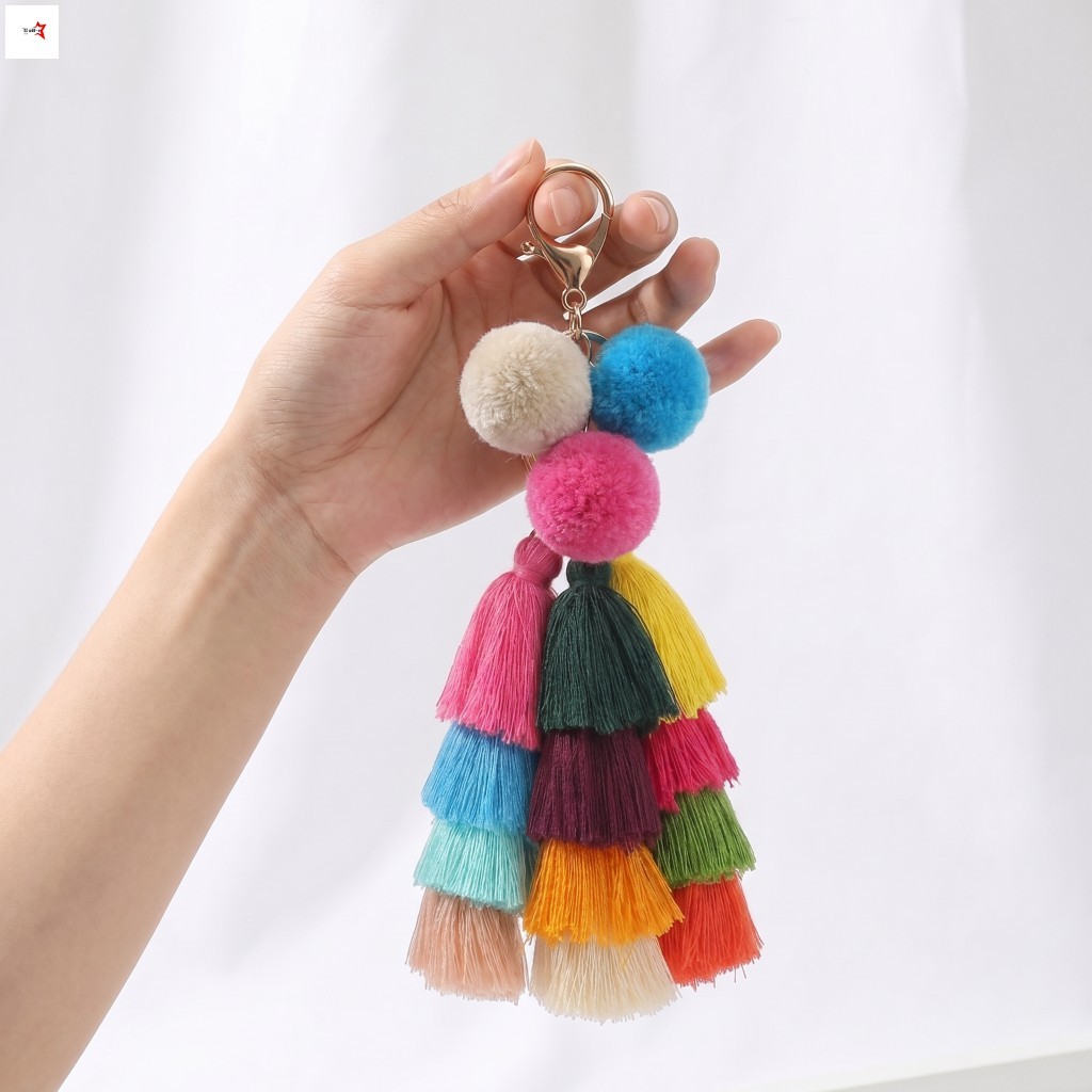 Polyester Nhiều Màu Sắc Tua Rua Pom Pom Móc Khóa Phụ Kiện Trang Trí Cho Túi Và Chìa Khóa