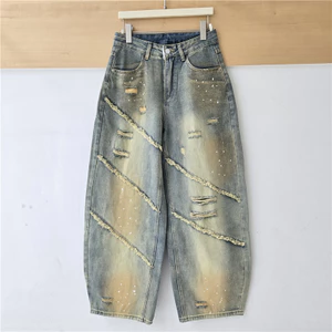 Đường Phố Denim Phong Cách Rách Khâu Raw Edge Rộng Quần Jean Nữ 2026 Đầu Thu Mới Cao Phong Cách Đường Phố Machete Quần
