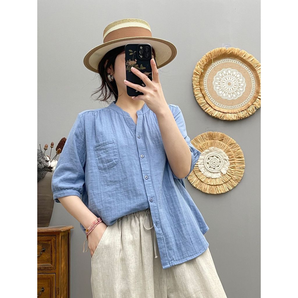 [Hàng có sẵn] Áo sơ mi nữ chất liệu Cotton cao cấp tay vừa cổ chữ V Mori