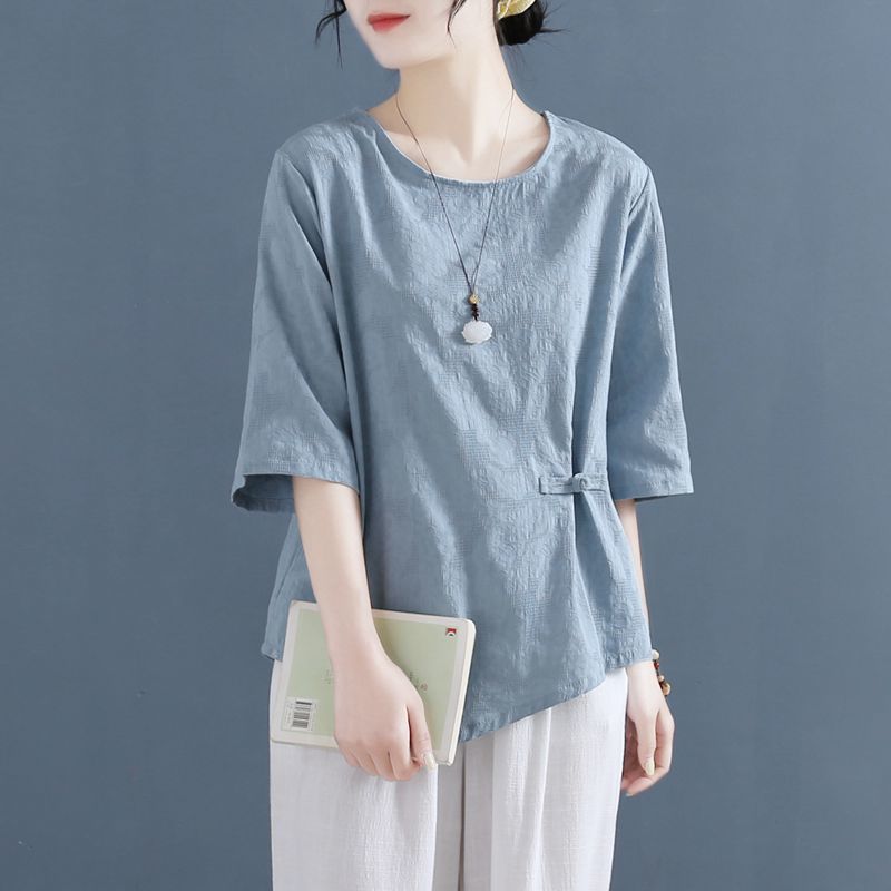 Áo thun nữ tay ngắn mùa hè phong cách mới khóa nghệ thuật retro dáng rộng giảm béo cho nữ