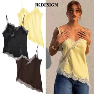 JKDESIGN Áo không lưng, Áo chắp vá ren hở lưng gợi cảm, Cổ chữ V sang trọng Thanh lịch bất đối xứng ren Áo hai dây mùa hè