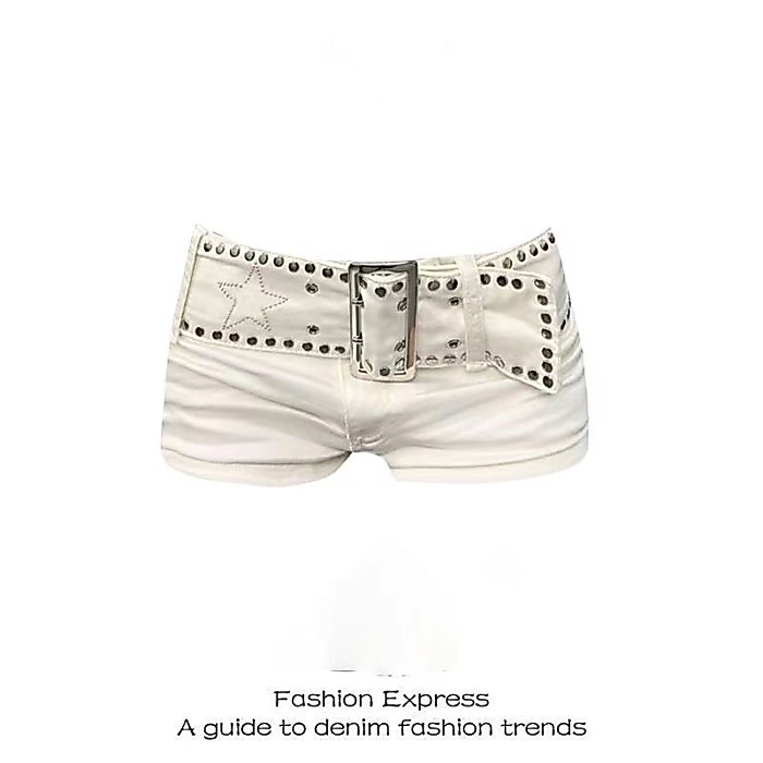 Quần short trắng Mỹ y2k denim lưng thấp đinh tán siêu quần short giảm béo quần ôm nóng