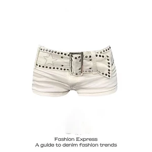 Quần short trắng Mỹ y2k denim lưng thấp đinh tán siêu quần short giảm béo quần ôm nóng