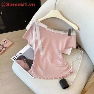 ZK Thời Trang Slim Off-Shoulder Ren Ngắn Tay Áo Thun Nữ Mùa Hè VN