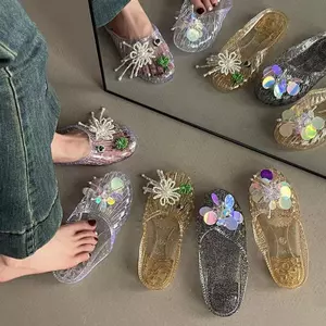 Phiên Bản Hàn Quốc Thời Trang Bên Ngoài Dép Baotou Giày Thạch Nữ Đế Bằng Baotou Giày Trong Suốt Hoa Phụ Kiện Giày Đi Biển 6.9 FBXH