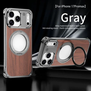 Ốp từ tính cho iPhone 17 16 15 14 Pro Max Vỏ bảo vệ chống sốc bằng gỗ có 360° Giá đỡ vòng xoay