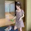 Đầm mùa hè phong cách Hàn Quốc cổ điển một vai eo hẹp mỏng vừa vặn hơn Váy ca rô
