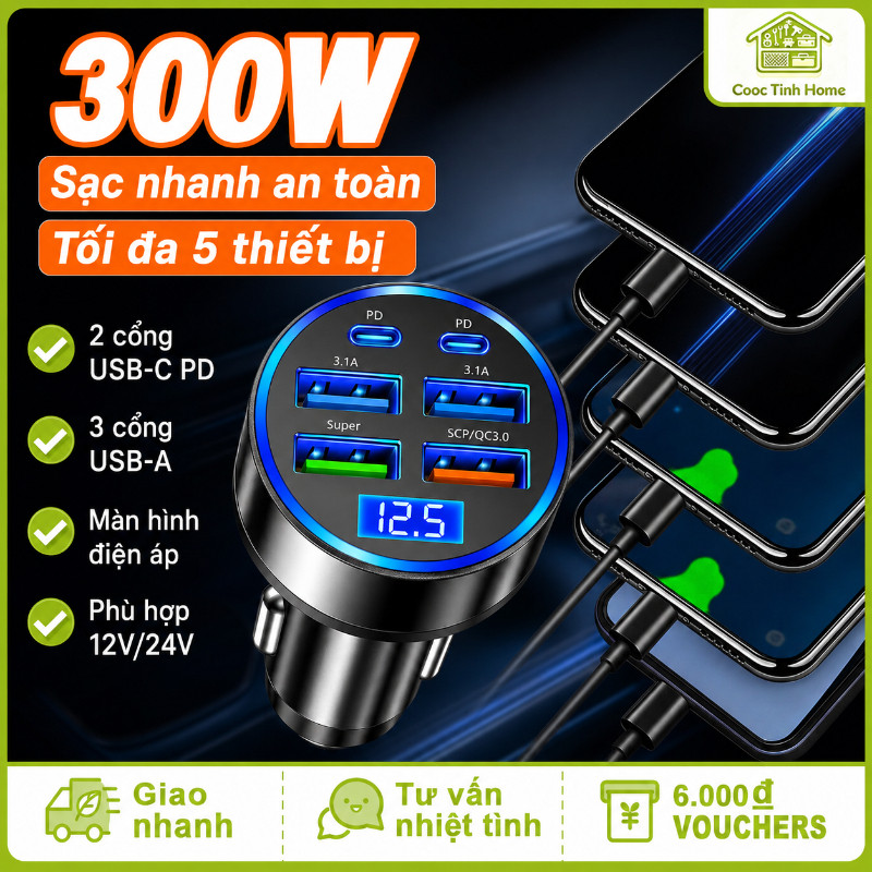 Tẩu Sạc Ô Tô Nhanh 12V/24V, 6 Cổng USB C PD QC3.0, Sạc Nhanh 300W Có Đèn LED, Màn Hình Hiển Thị