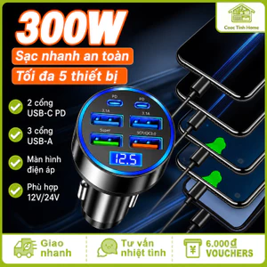 Tẩu Sạc Ô Tô Nhanh 12V/24V, 6 Cổng USB C PD QC3.0, Sạc Nhanh 300W Có Đèn LED, Màn Hình Hiển Thị
