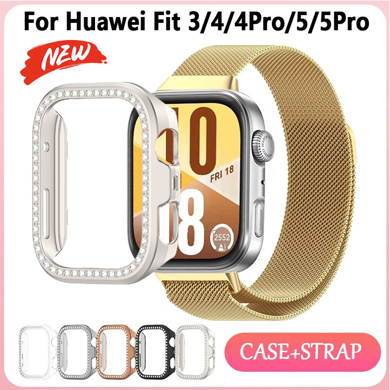 Dây đeo kim loại + vỏ kim cương cho đồng hồ Huawei Fit 5 Pro / 4 Pro / 5 / 4 / 3 phụ kiện khung cản bảo vệ PC rỗng