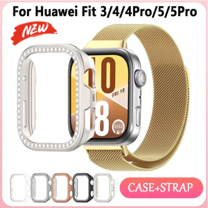 Dây đeo kim loại + vỏ kim cương cho đồng hồ Huawei Fit 5 Pro / 4 Pro / 5 / 4 / 3 phụ kiện khung cản bảo vệ PC rỗng