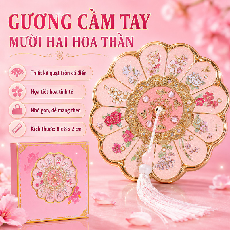 Gương Gập Hộp Quà Gương Cầm Tay Mười Hai Hoa Thần, Gương Trang Điểm Mini, Gương Gấp Di Động