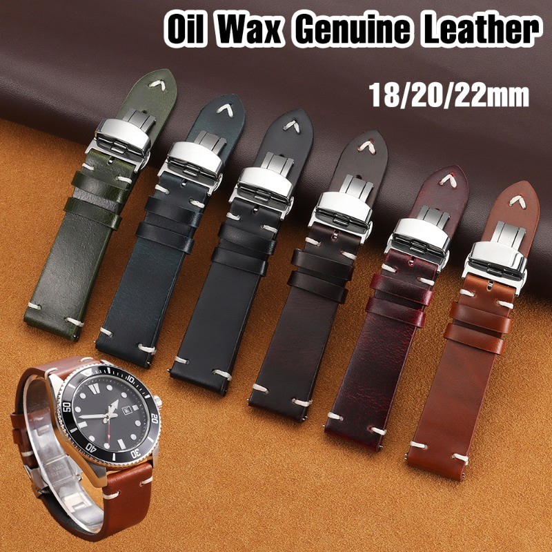 Bướm Khóa - Vintage Sáp Dầu Da Thật Dây Đeo Đồng Hồ 18mm 20mm 22mm Phát Hành Nhanh Dây Đồng Hồ Thay Đổi Màu Sắc Kinh Doanh Vòng Tay Da Bò Cho Nam Nữ