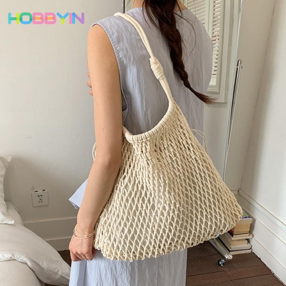 Túi Tote Dệt HOBBYIN, Túi Đeo Vai Lưới Rỗng Thoáng Khí, Túi Câu Cá Cotton Dung Tích Lớn Bohemian Mùa Hè