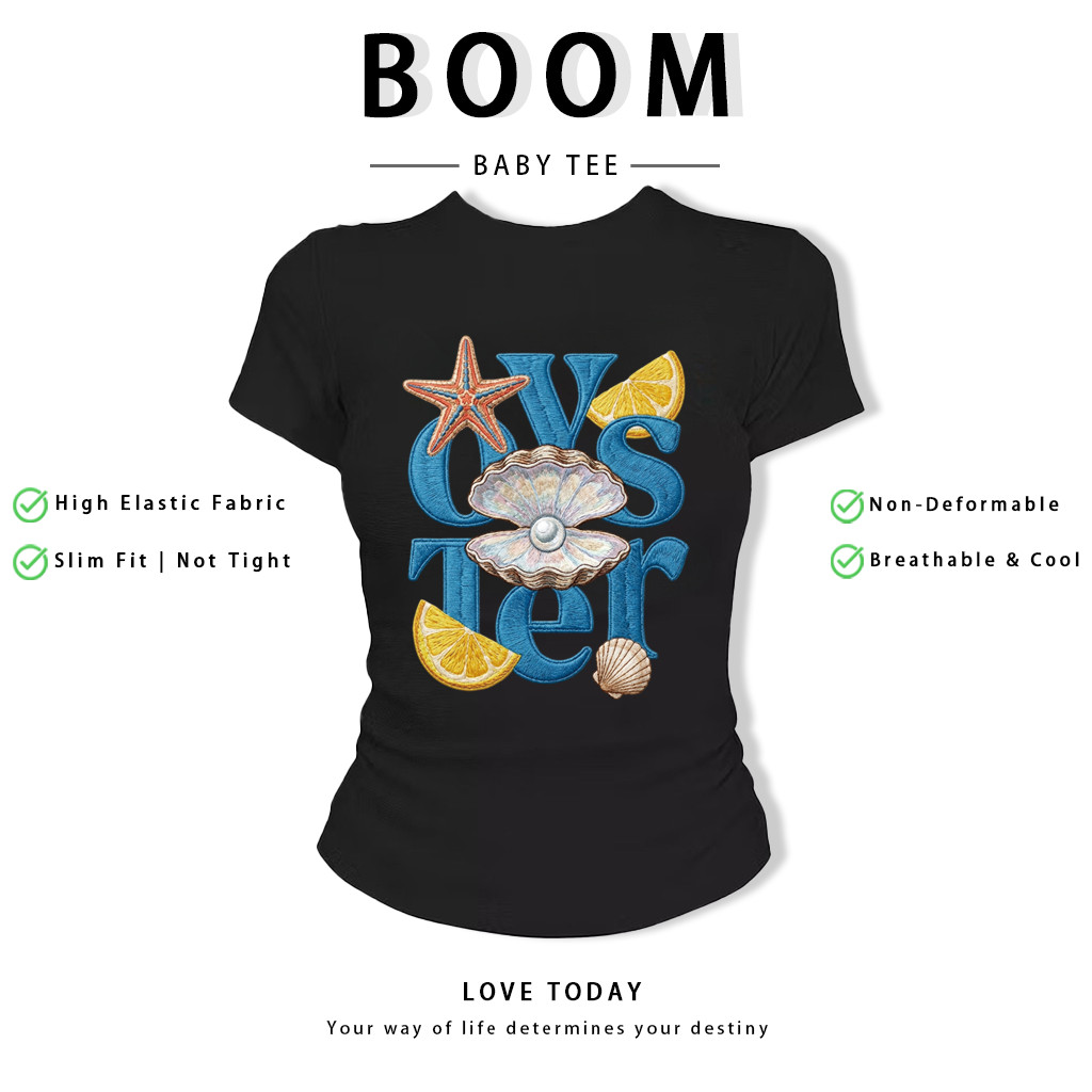 BOOM Áo Baby Tee Nữ Cotton Ôm Body-Áo Thun Ngắn Tay Y2K In Hình PhongCách Mùa Hè, Cổ Tròn Hàng Đầucách hàn quốc phongV63