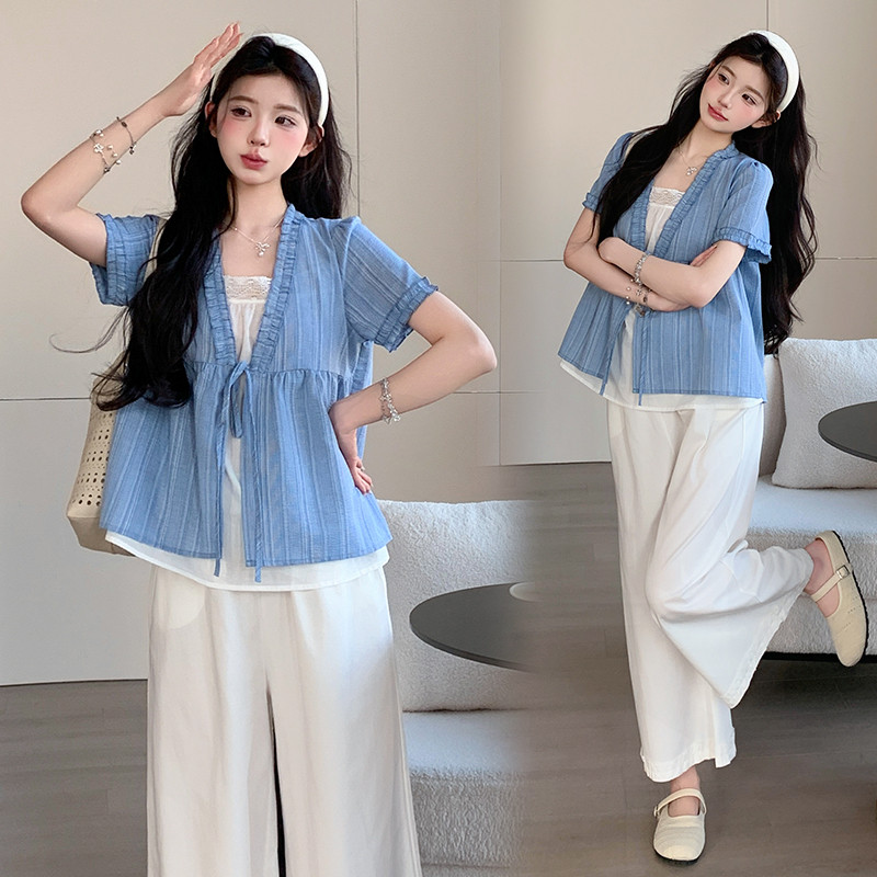 Bộ đồ bà bầu Mùa hè Nấm cạnh dáng rộng Áo sơ mi em bé + Quần ren Bộ đồ hai mảnh