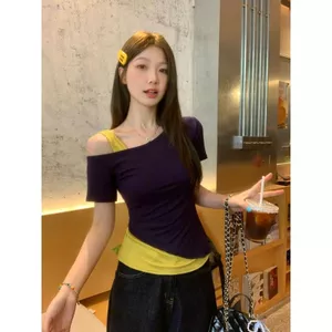 Áo thun hai mảnh màu tương phản thời trang Pháp không dây ngắn tay mỏng hơn Phong cách mới Slim