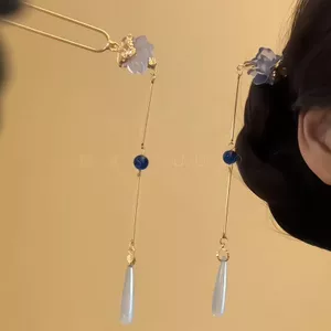 Sương mặt trăng!Cổ Hoa Xanh Xanh Đính Hạt Tua Rua Hình Chữ u Kẹp Tóc Mới Phong Cách Trung Quốc Cuộn Kẹp Tóc Du Lịch Kẹp Tóc