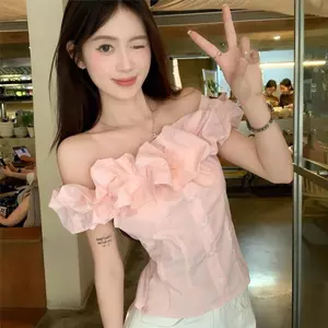 Áo sơ mi một vai cổ tròn màu hồng kiểu Pháp dành cho nữ Thiết kế mùa hè Áo sơ mi eo hẹp đẹp Áo khí chất phong cách ngắn