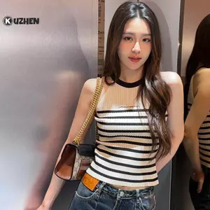 KUZHEN Sọc Áo Vest Nữ Không Tay Tròn Ne Casaul Kỳ Nghỉ Mùa Hè Vỏ Sang Trọng Áo HOT