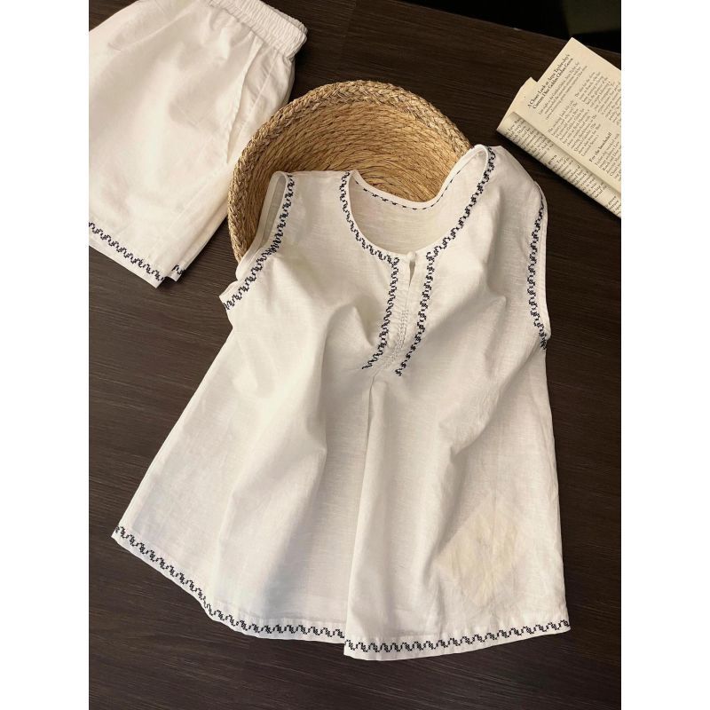 [Giảm giá 50%] Áo Vest không tay màu tương phản thêu màu trắng mùa hè Phong cách mới Phong cách lười biếng dáng rộng đơn giản có thể mặc bên ngoài Bộ đồ hai mảnh bán chạy