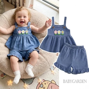6M-4Y Bé Gái Denim Trang Phục 3D Hoa Không Tay Babydoll Áo Và Quần Short Xù Bộ Mùa Hè