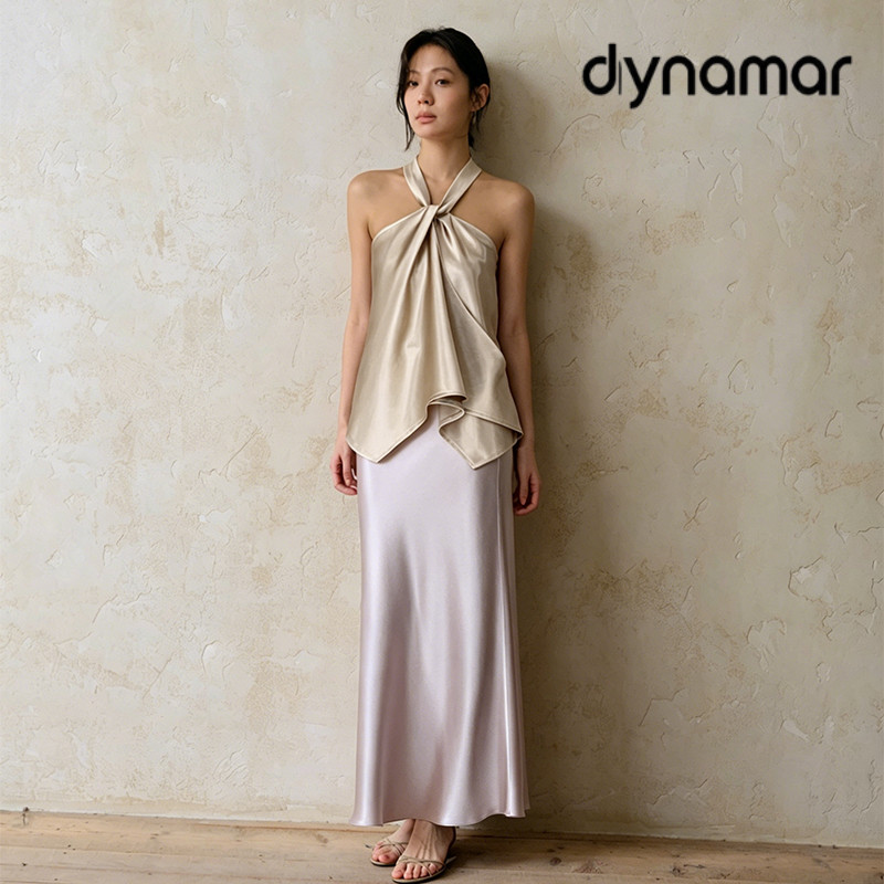 【dynamar】Áo dây không tay đơn giản dành cho nữ, chất liệu lụa bóng, cổ xéo nhiều màu