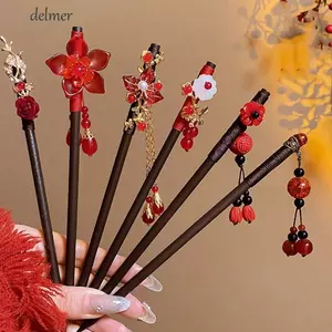 Que tóc bằng gỗ DELMER, Kẹp tóc Hanfu tua rua năm mới, Phụ kiện sườn xám đỏ phong cách cổ