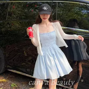 Váy đeo chữ A màu xanh xếp ly hẹp phiên bản nhỏ mùa hè kiểu Pháp sang trọng Váy thường ngày