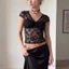 MAPLEPOET-Áo thun ren cổ chữ V dành cho nữ tay ngắn nhìn xuyên qua vỏ sò trang trí thanh lịch Slim Fit Crop Tops