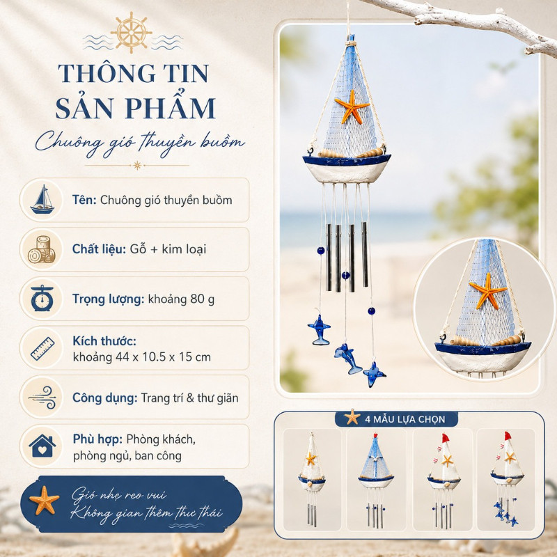Chuông Gió Thuyền Buồm Sáng Tạo – Phong Cách Địa Trung Hải, Màu Xanh Biển – Treo Trang Trí Nhà Bếp, Văn Phòng, Phòng Ngủ