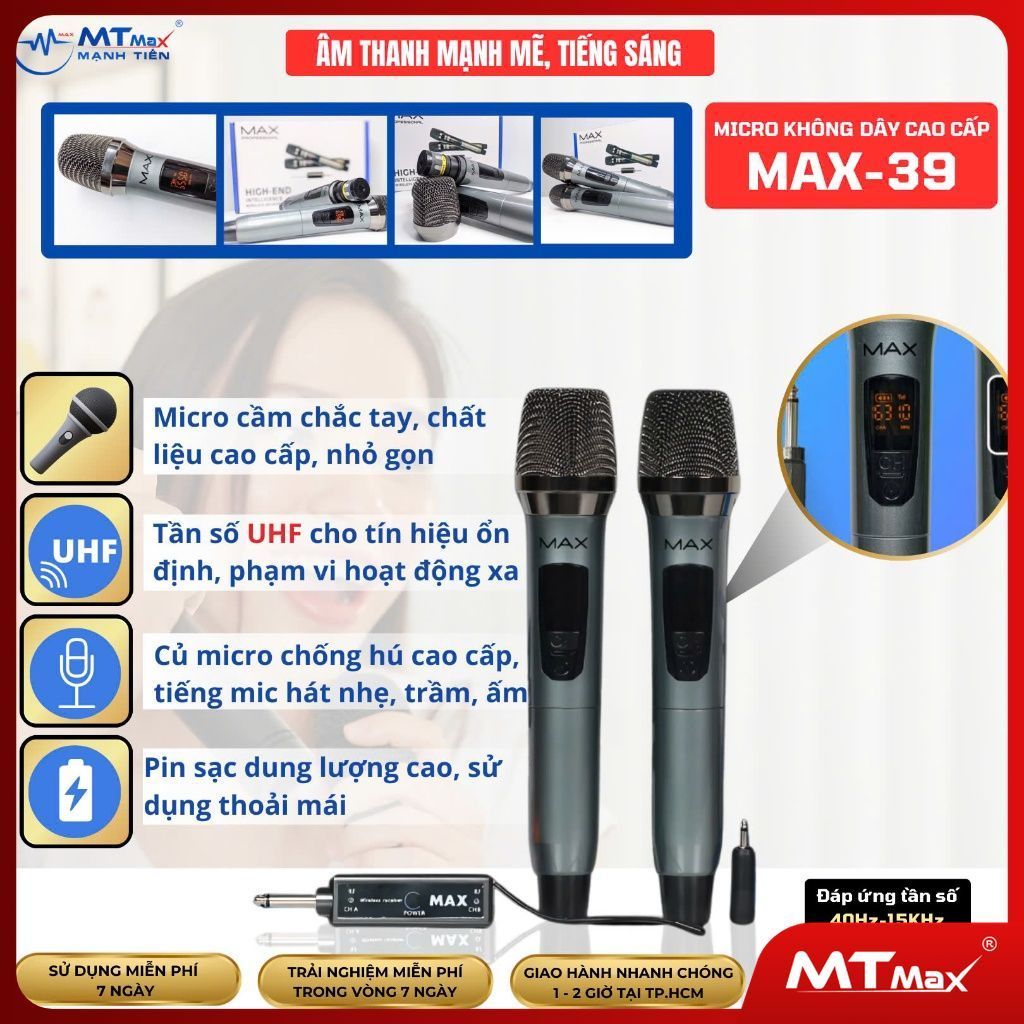 Micro không dây đa năng MAX39 - Tay micro có màn hình LED hiển thị dung lượng pin, tần số