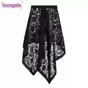 Váy ren BORAGETE, xuyên thấu Váy thêu hoa rỗng, Bông tai cạp cao Y2K Dạo phố Váy xếp lớp trang trí quần jean