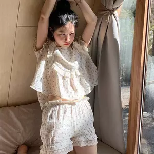 Bộ đồ ngủ nữ mùa hè Phong cách mới kiểu Pháp ren hoa mỏng ngọt ngào Đồ mặc nhà dễ thương Bộ đồ hai mảnh