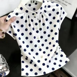 Áo thun nữ chấm bi mùa hè mới thời trang giản dị nút áo sơ mi ngắn tay