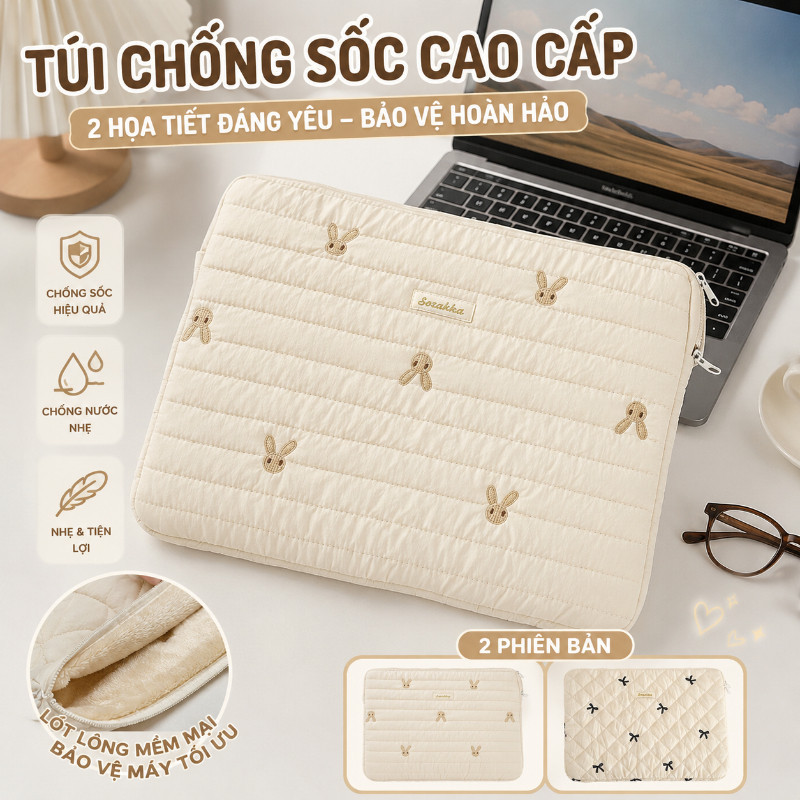 Túi Đựng Laptop Máy Tính Bảng Ipad 11/14/15.6 Inch,Lớp Lót Dày Hơn,Chống Sốc,Màu Thêu Nơ/Hình Thỏ
