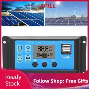 apill Bộ điều khiển năng lượng mặt trời Acouto có màn hình LCD - Bộ điều chỉnh xung đầu ra USB kép cho hệ thống bảng điều khiển 2V/24V R (10A)