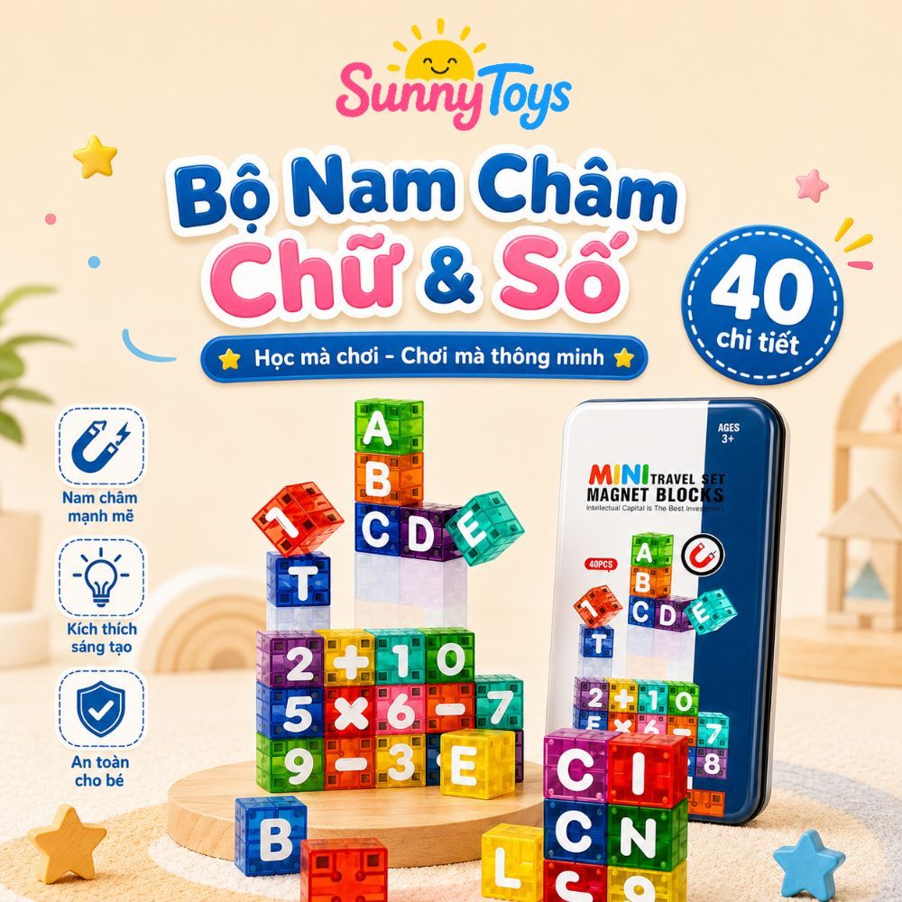 Bộ Nam Châm Chữ Cái Và Chữ Số SunnyToys 40 Chi Tiết - Kèm Hộp Sắt Cho Bé Vừa Học Vừa Chơi