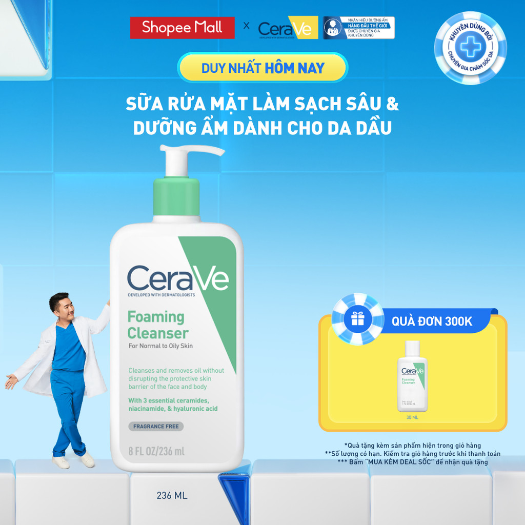 Sữa rửa mặt foaming giúp làm sạch sâu và dưỡng ẩm dịu nhẹ dành cho da dầu - CeraVe Foaming Facial Cleanser 236ML