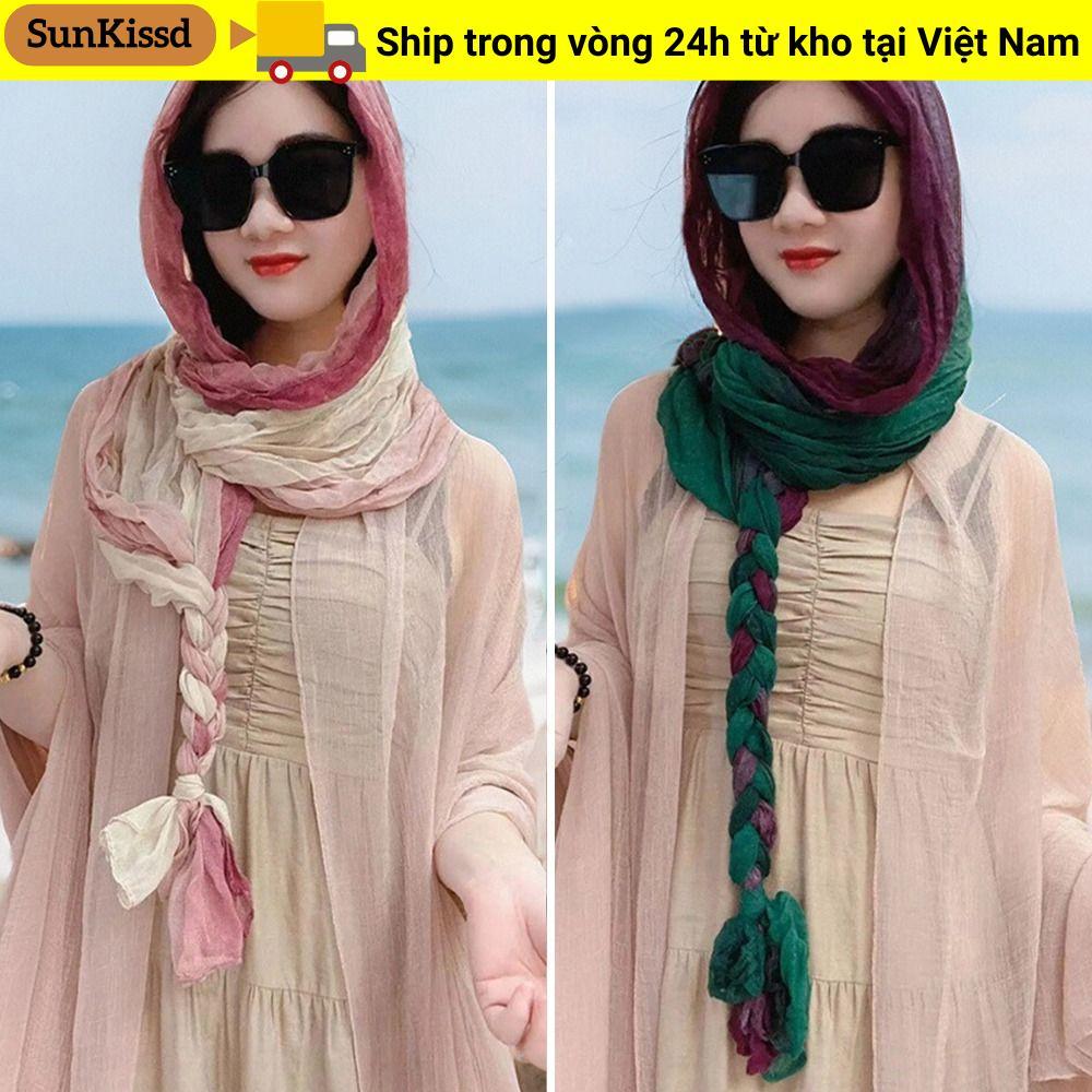 Khăn lụa SUNKISSD, Khăn chống nắng xếp li dài, Phụ kiện thời trang Chống nắng Khăn choàng đầu dệt tay mùa xuân hè
