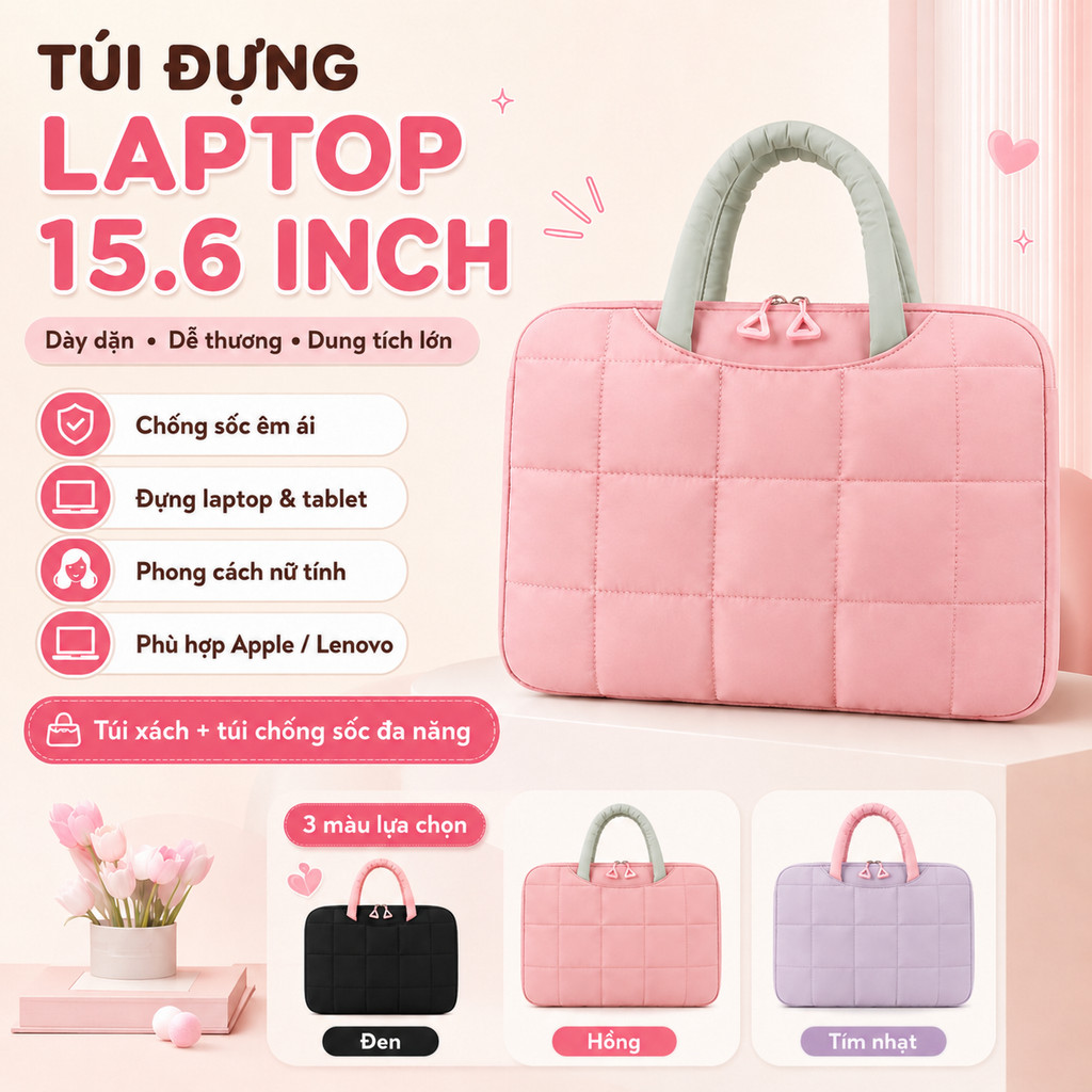 Túi Laptop Đa Năng Dung Tích Lớn – Chống Sốc, Chần Bông, Nhiều Ngăn, Thiết Kế Đơn Giản Dễ Thương