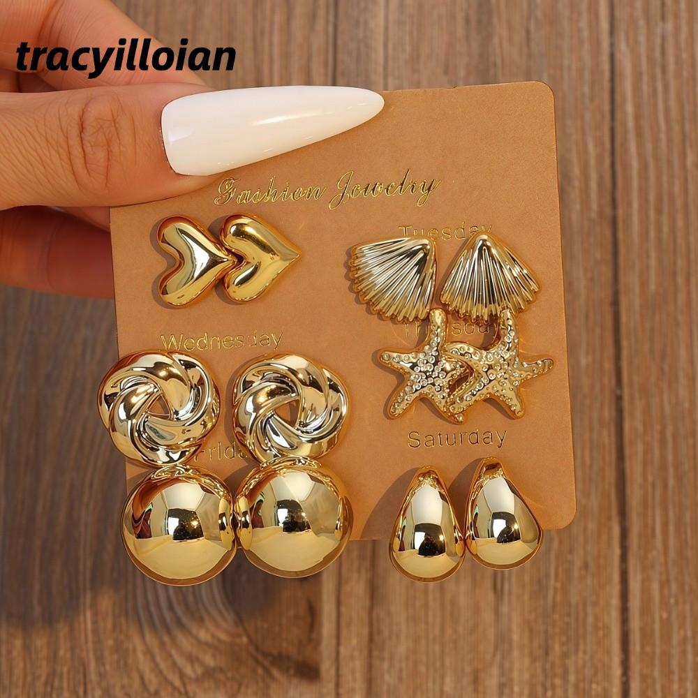 TRACEILLOIAN 6 Cặp Bông tai mặt dây chuyền thả, Vỏ sò Sao biển Bông tai Dangle, Bông tai vàng hình trái tim Bohemian Quà tặng