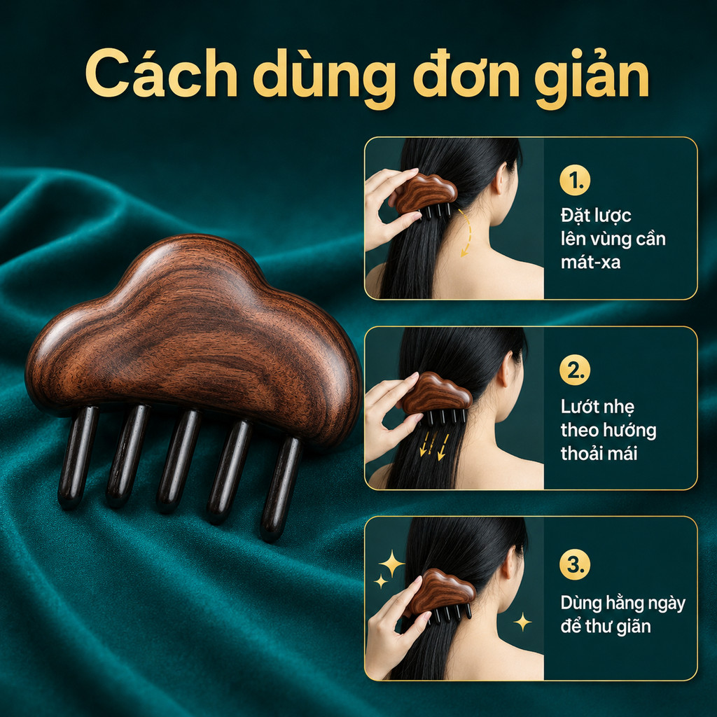 Lược Massage Đầu Gỗ Đàn Hương Hình Mây - Chải Da Đầu, Khơi Thông Kinh Mạch, Massage Cổ Vai Gáy Tại Nhà