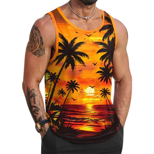 Áo thun không tay in hình cây cọ nhiệt đới 3D dành cho nam, áo thun thường ngày đi biển Hawaii mùa hè