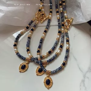 Vintage Bluestone Ngọc Trai Đính Hạt Vòng Cổ Nữ Dài Bohemian Ánh Sáng Sang Trọng Niche Dây Chuyền Áo Len Cao Cấp 6.12