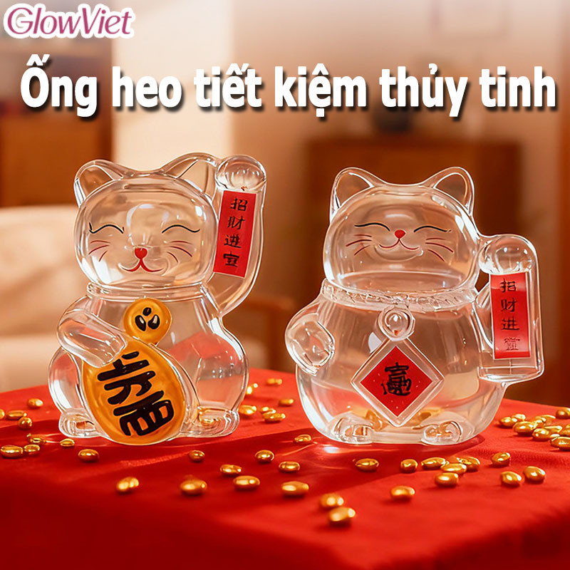 Bình Đựng Tiền Mèo May Mắn Bằng Thủy Tinh,Ống heo tiết kiệm thủy tinh,nhỏ xinh đẹp, lưu trữ tiền vàng