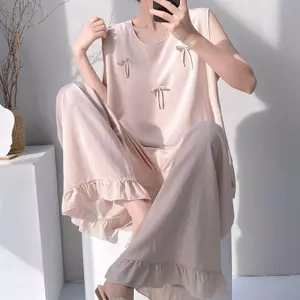 Bộ đồ ngủ mùa xuân mùa hè dành cho nữ không tay có đệm ngực Phong cách có thể mặc bên ngoài Quần ống rộng dáng rộng Đồ ngồi Cotton chống va đập Sil