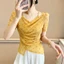 Áo lưới chấm bi cho nữ mùa hè mới hàng không đều xếp ly mỏng vừa vặn áo thun ngắn tay dành cho nữ