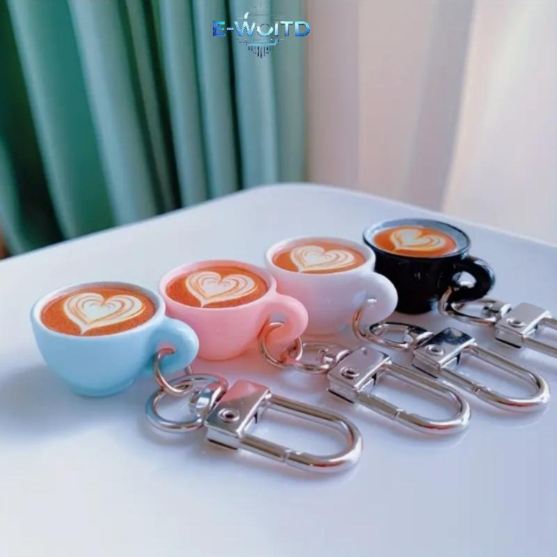 E-WOITD Cà Phê Móc Khóa Bộ 4 Trái Tim Dễ Thương Latte Cup Túi Charm Thời Trang Mặt Dây Chuyền Quà Tặng Cho Nữ Bạn Bè E-WOITD