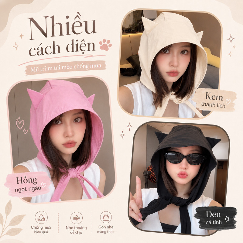 Mũ Chùm Đầu Chống Nắng Tai Mèo Dễ Thương, Mũ Trùm 3/4 Có Dây Đeo, Che Mặt Cổ Đi Chơi Du Lịch Đa Năng
